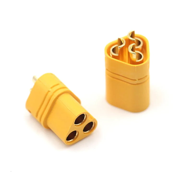 conector mr60 detalle Pack de 10 conectores macho. Estos son conectores de tres contactos MT60 de alta corriente comúnmente utilizados en el mundo del radiocontrol. Son ideales para proyectos que involucran motores y controladores de motor de alta potencia donde la corriente a manejar es grande. Corriente máxima soportada 60A.